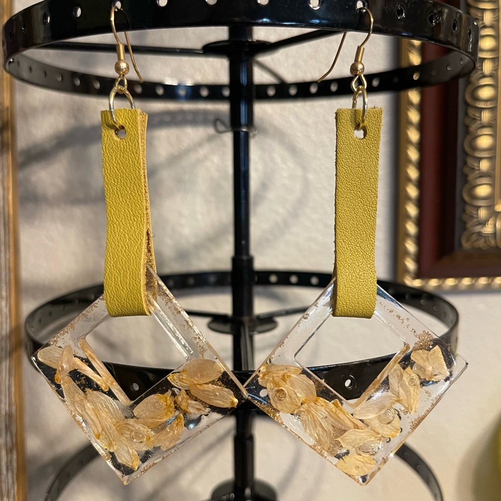 Handmade resin and leather earrings